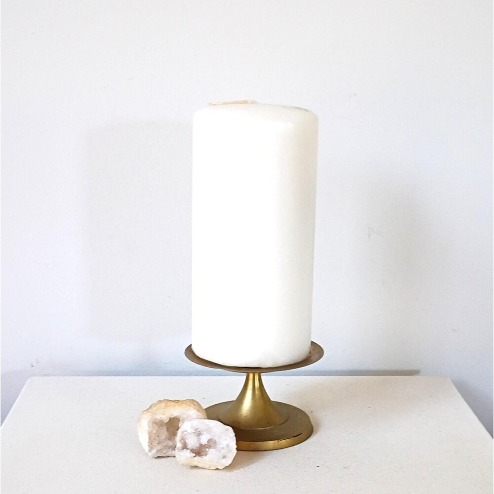 Vintage Solid Brass Pillar Candle Holder, Candlestick Dish, Coffee Table Decor